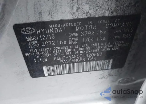 2013 Hyundai Elantra Gls z USA, uszkodzony, nr VIN KMHDH4AE5DU820693